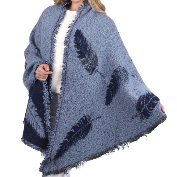 Navy Feathered Patterned Scarf/Cape/Blanket Scarf Reversable 100% Viscose - Picture 3 of 8